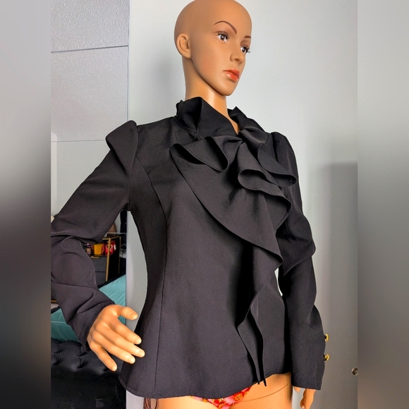 Gracia Tops - Gracia Black Ruffle Long-sleeve Blouse, Size M- Excellent Condition! Gold Detail